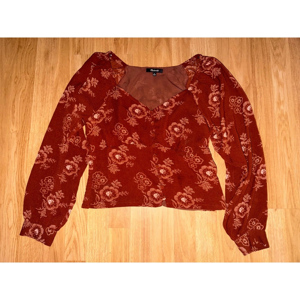 Madewell Floral Sweetheart Neck Smocked Back Button Front Top Boho Mahogany M